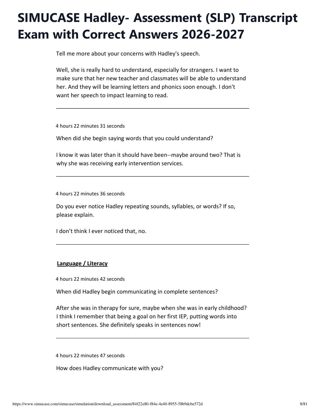 Preview page 8 of SIMUCASE Hadley- Assessment (SLP) Transcript Exam with Correct Answers 2026-2027