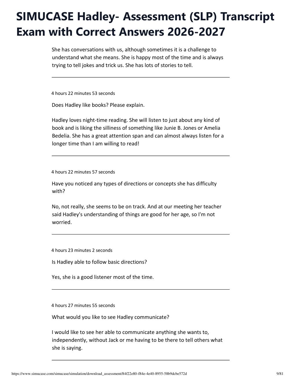 Preview page 9 of SIMUCASE Hadley- Assessment (SLP) Transcript Exam with Correct Answers 2026-2027