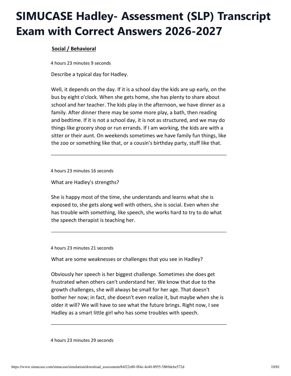 Preview page 10 of SIMUCASE Hadley- Assessment (SLP) Transcript Exam with Correct Answers 2026-2027