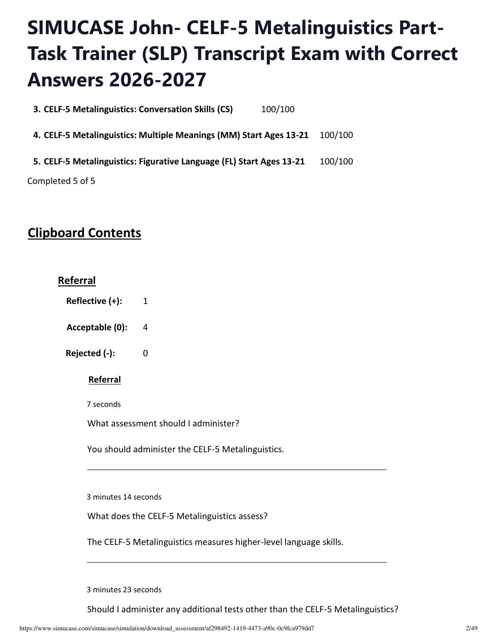 Preview page 2 of SIMUCASE John- CELF-5 Metalinguistics Part-Task Trainer (SLP) Transcript Exam with Correct Answers 2026-2027