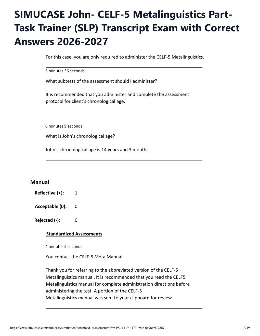 Preview page 3 of SIMUCASE John- CELF-5 Metalinguistics Part-Task Trainer (SLP) Transcript Exam with Correct Answers 2026-2027