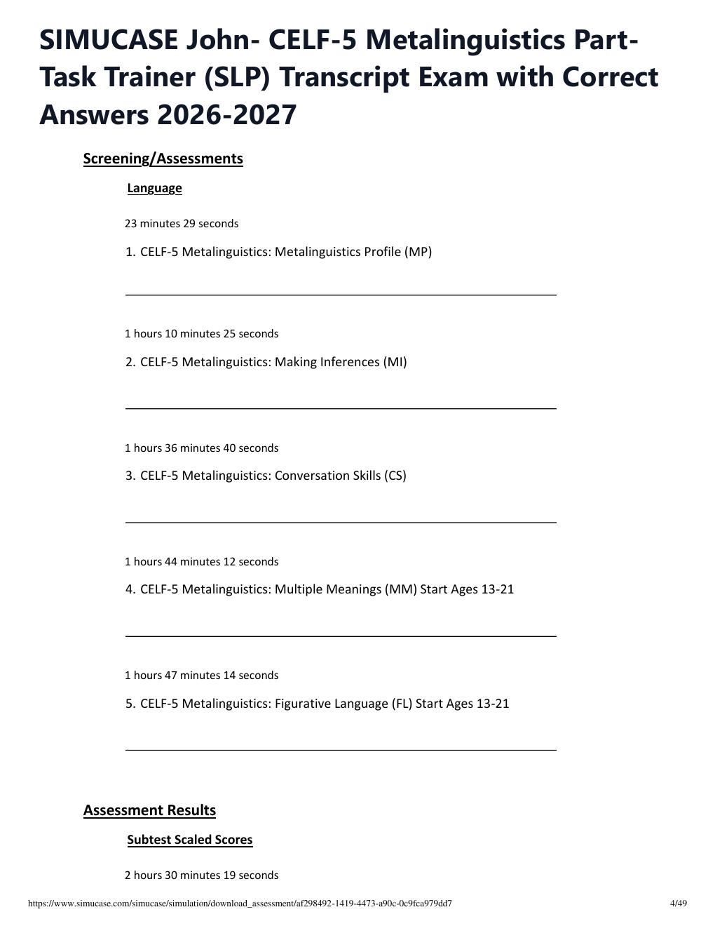 Preview page 4 of SIMUCASE John- CELF-5 Metalinguistics Part-Task Trainer (SLP) Transcript Exam with Correct Answers 2026-2027