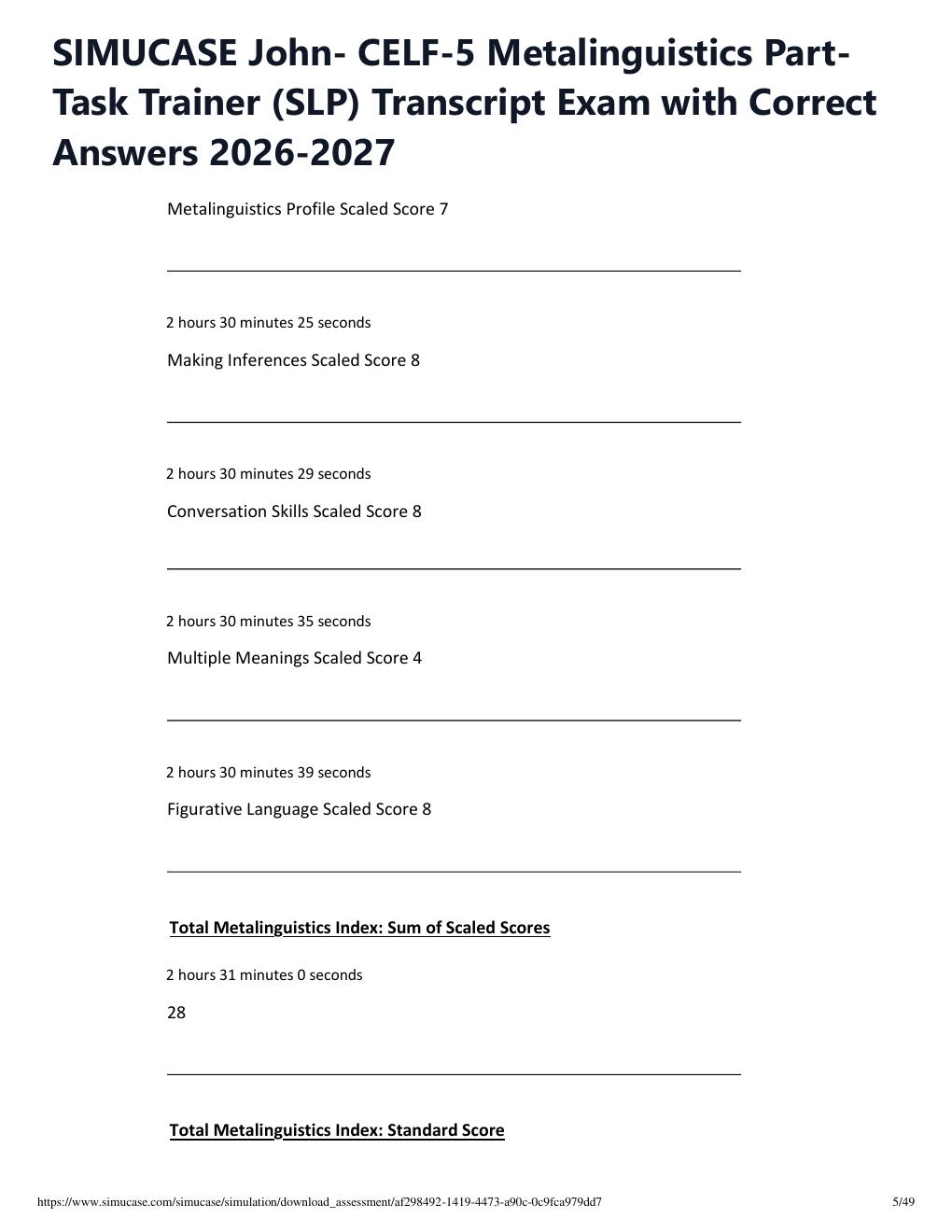 Preview page 5 of SIMUCASE John- CELF-5 Metalinguistics Part-Task Trainer (SLP) Transcript Exam with Correct Answers 2026-2027