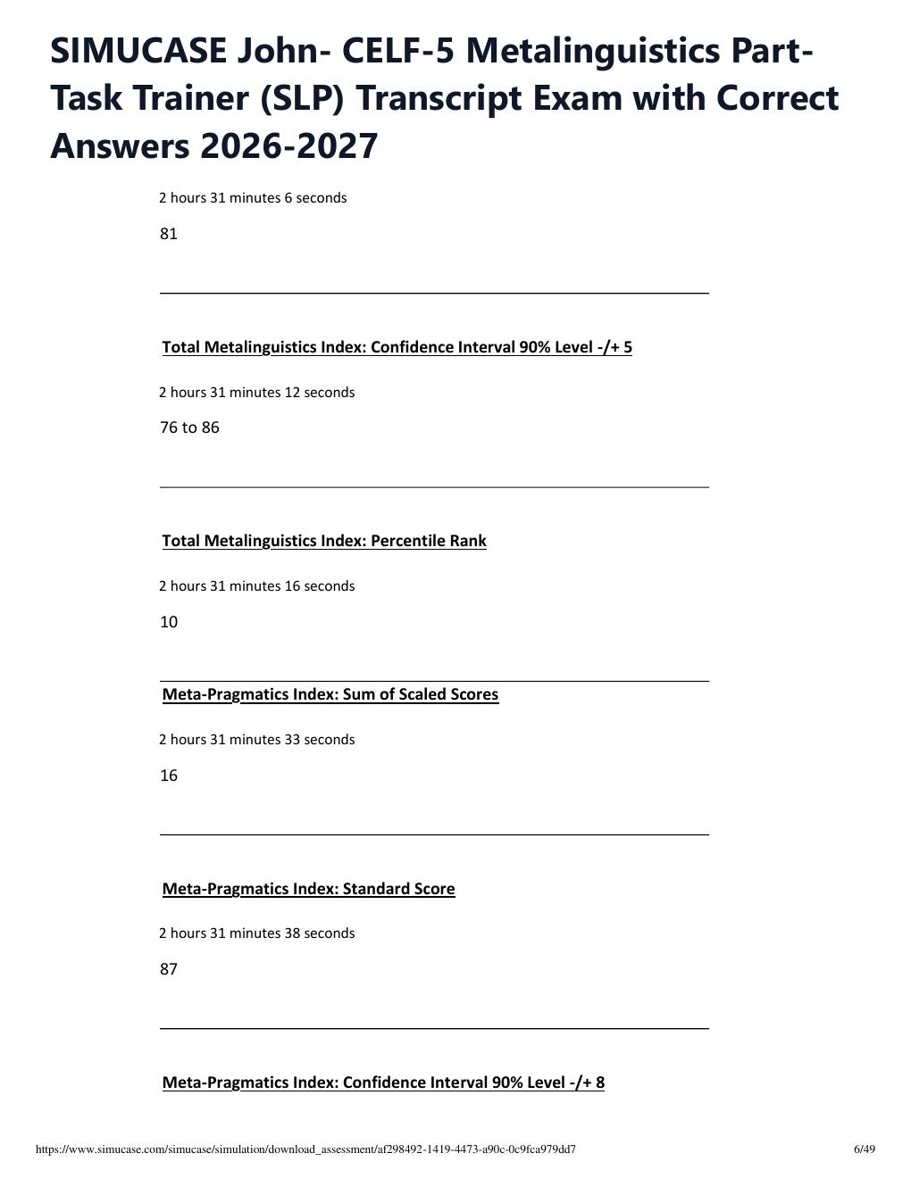 Preview page 6 of SIMUCASE John- CELF-5 Metalinguistics Part-Task Trainer (SLP) Transcript Exam with Correct Answers 2026-2027