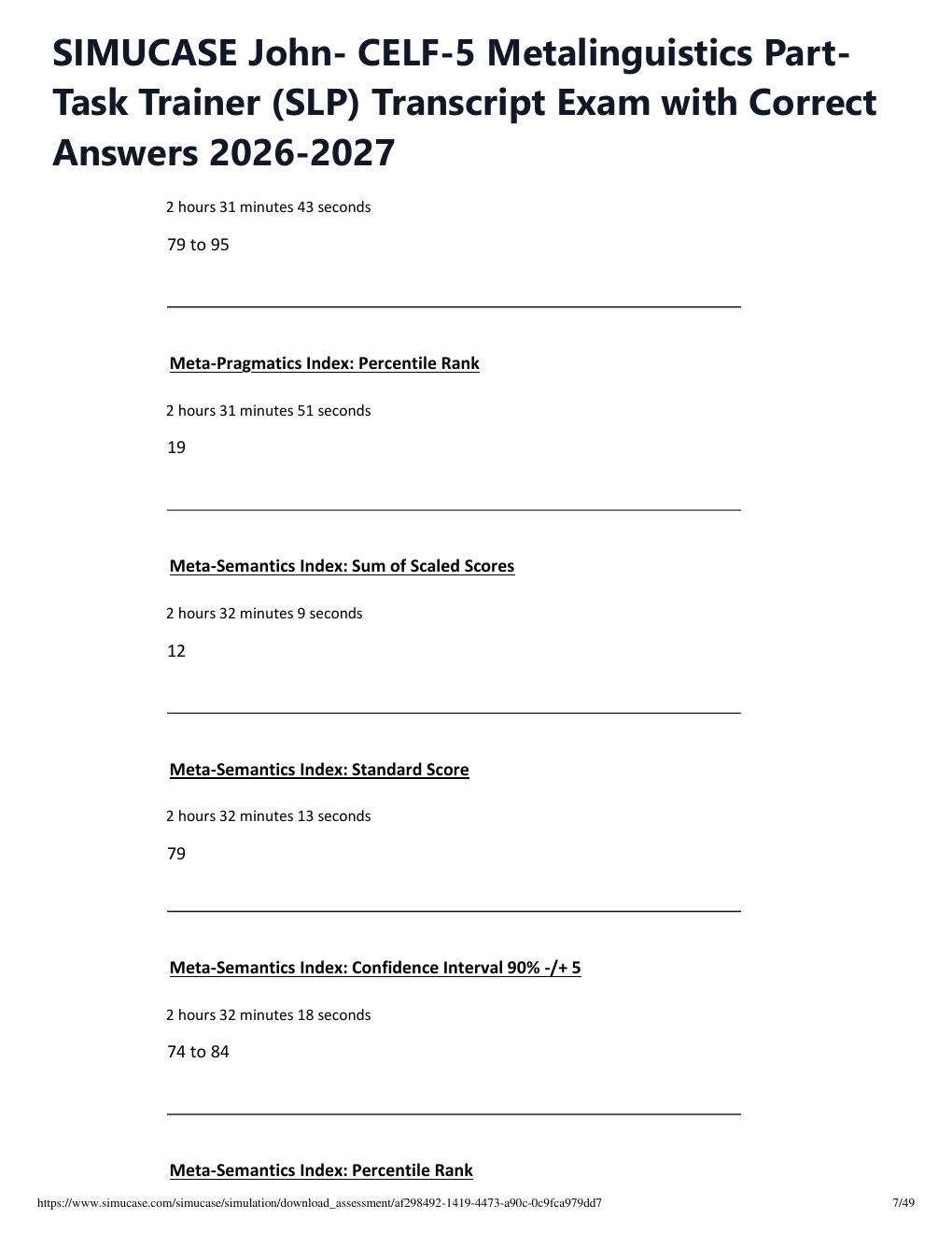 Preview page 7 of SIMUCASE John- CELF-5 Metalinguistics Part-Task Trainer (SLP) Transcript Exam with Correct Answers 2026-2027