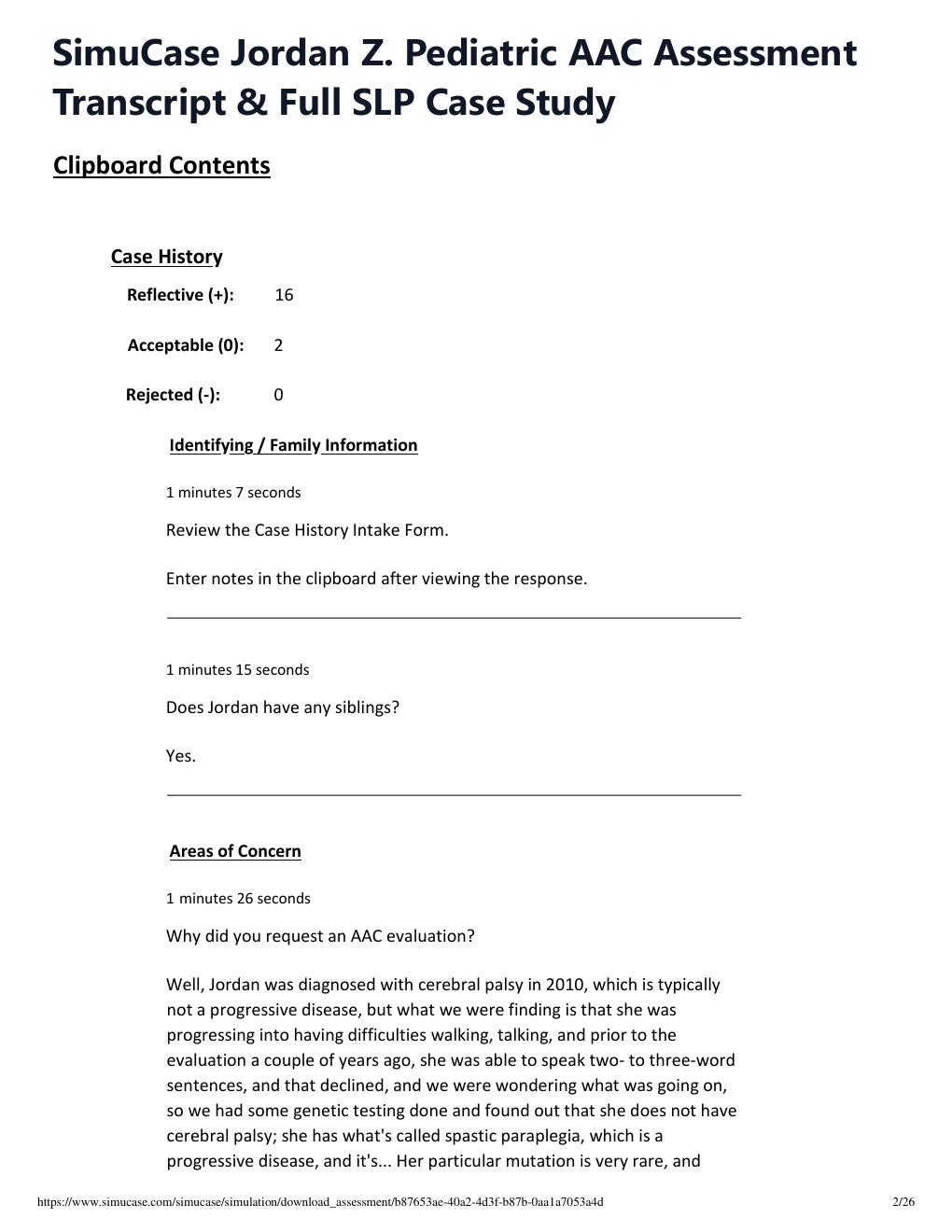 Preview page 2 of SimuCase Jordan Z. Pediatric AAC Assessment Transcript & Full SLP Case Study 2026