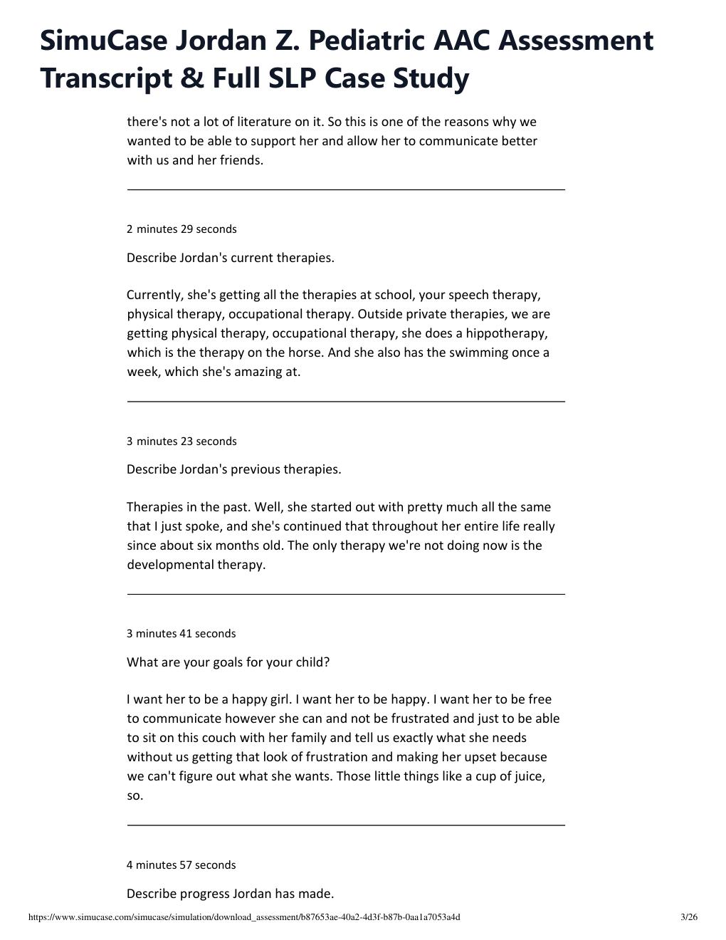Preview page 3 of SimuCase Jordan Z. Pediatric AAC Assessment Transcript & Full SLP Case Study 2026