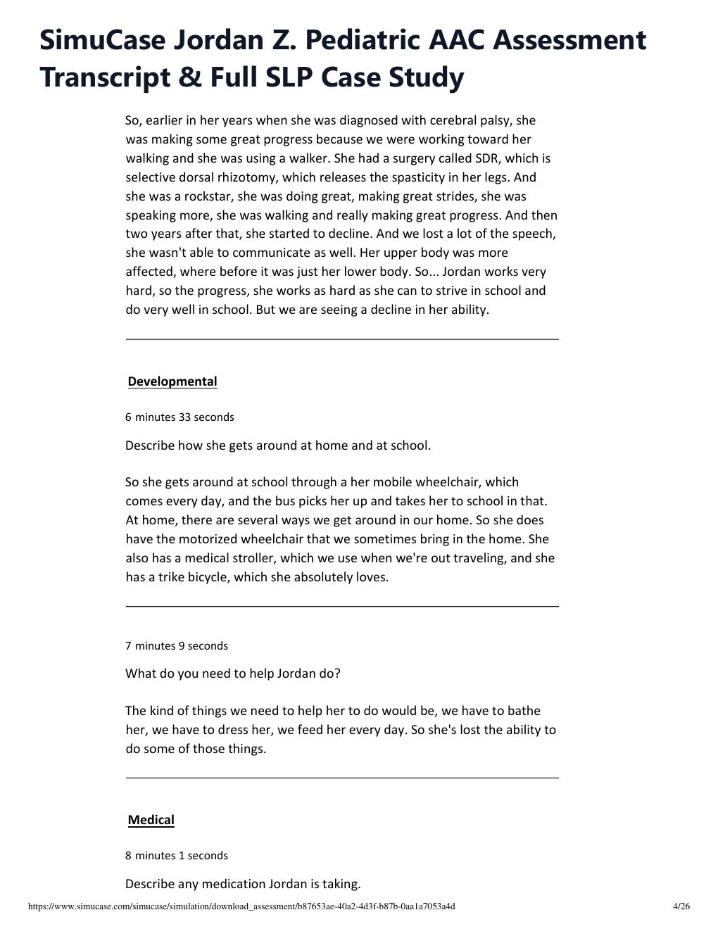 Preview page 4 of SimuCase Jordan Z. Pediatric AAC Assessment Transcript & Full SLP Case Study 2026