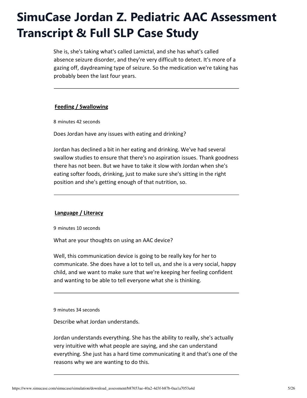 Preview page 5 of SimuCase Jordan Z. Pediatric AAC Assessment Transcript & Full SLP Case Study 2026