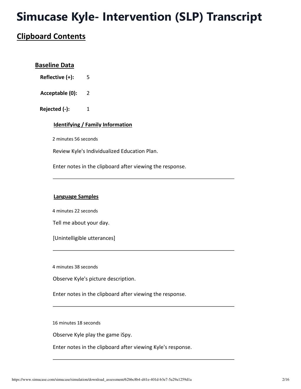 Preview page 2 of Simucase Kyle- Intervention (SLP) Transcript