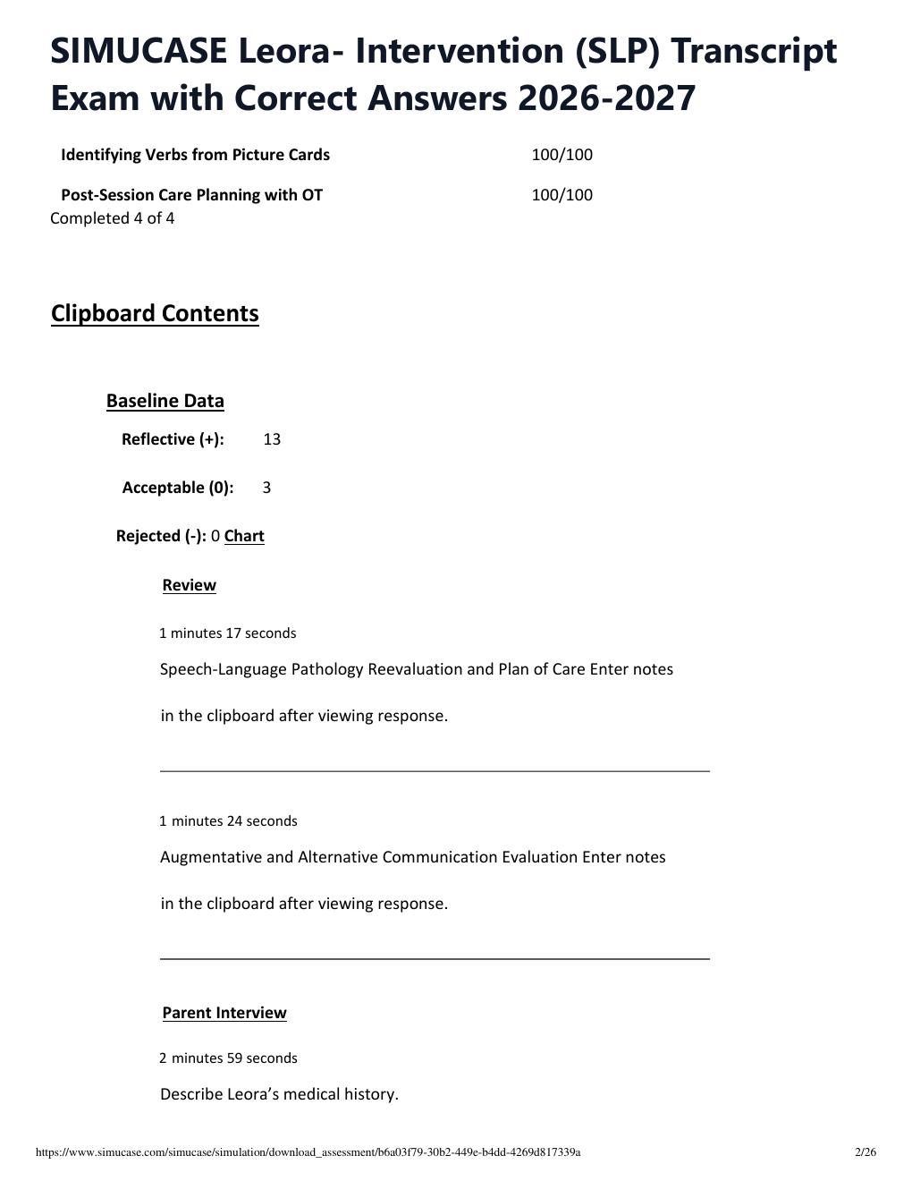 Preview page 2 of SIMUCASE Leora- Intervention (SLP) Transcript Exam with Correct Answers 2026-2027