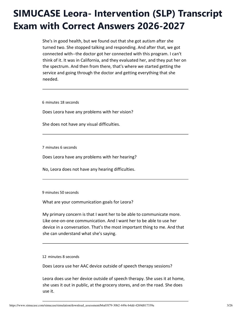 Preview page 3 of SIMUCASE Leora- Intervention (SLP) Transcript Exam with Correct Answers 2026-2027