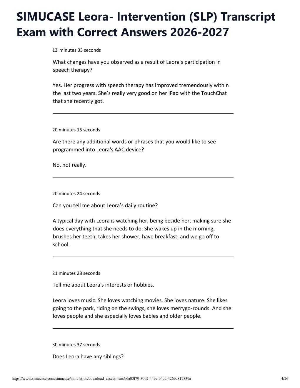 Preview page 4 of SIMUCASE Leora- Intervention (SLP) Transcript Exam with Correct Answers 2026-2027