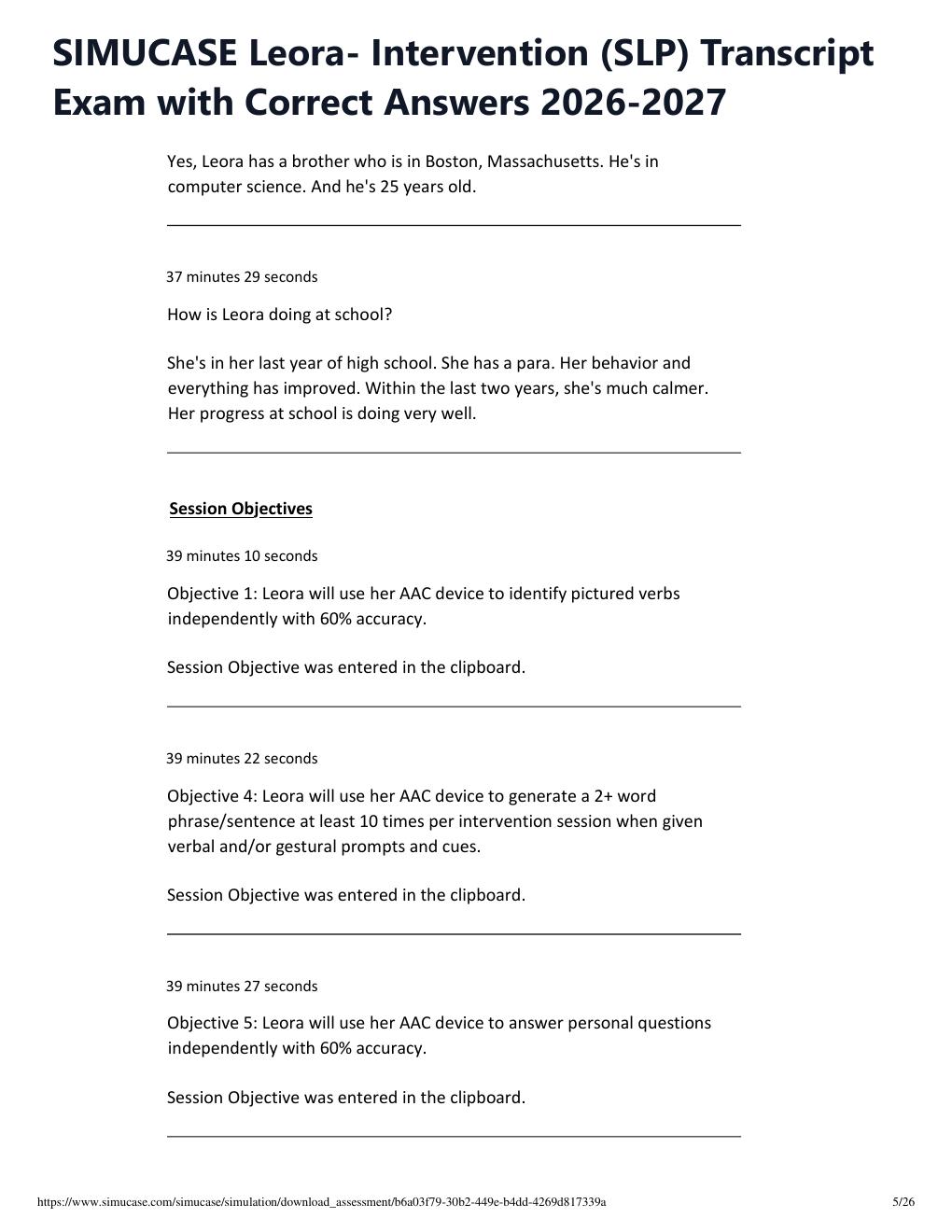 Preview page 5 of SIMUCASE Leora- Intervention (SLP) Transcript Exam with Correct Answers 2026-2027