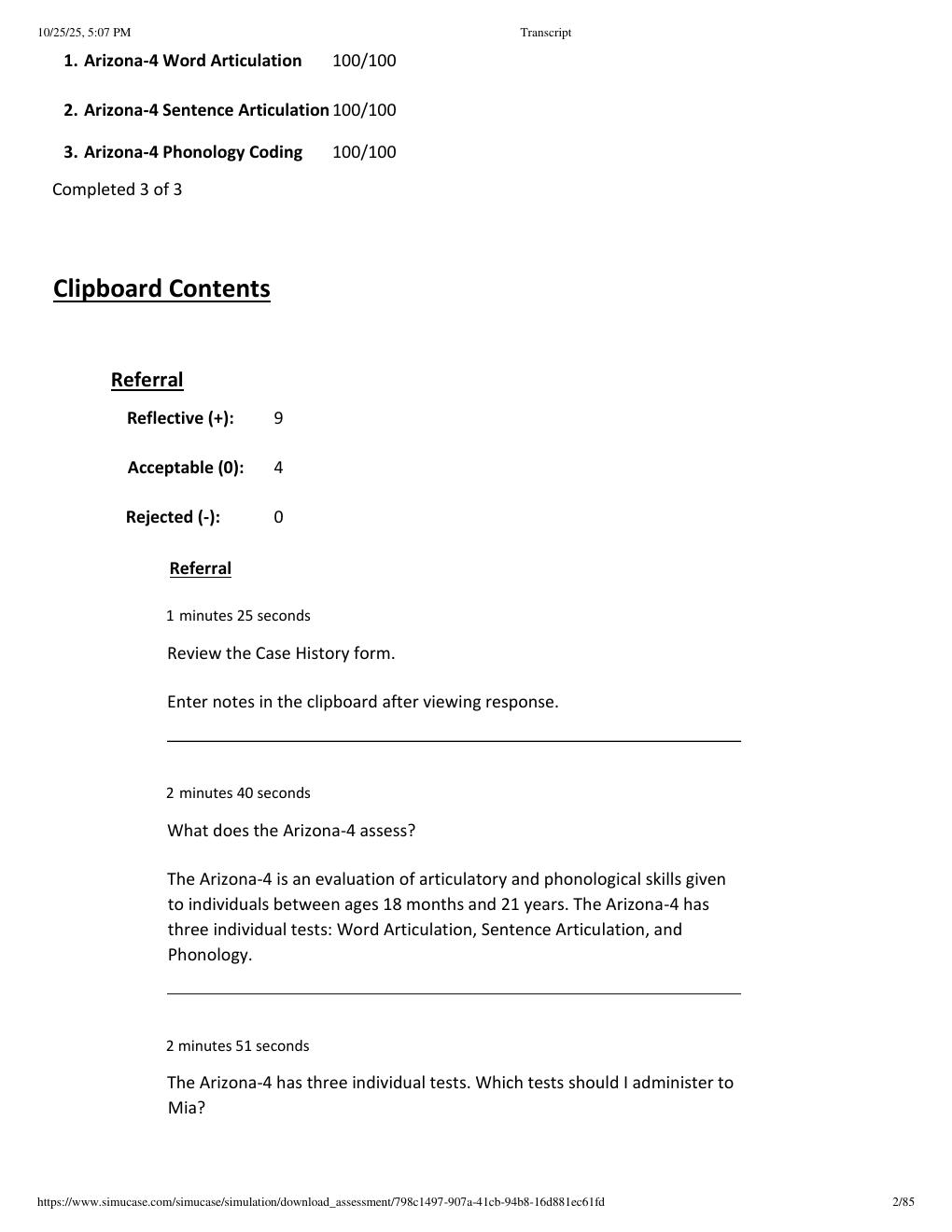 Preview page 2 of SIMUCASE Mia- Arizona-4 Part-Task Trainer (SLP) Transcript Exam with Correct Answers 2026-2027