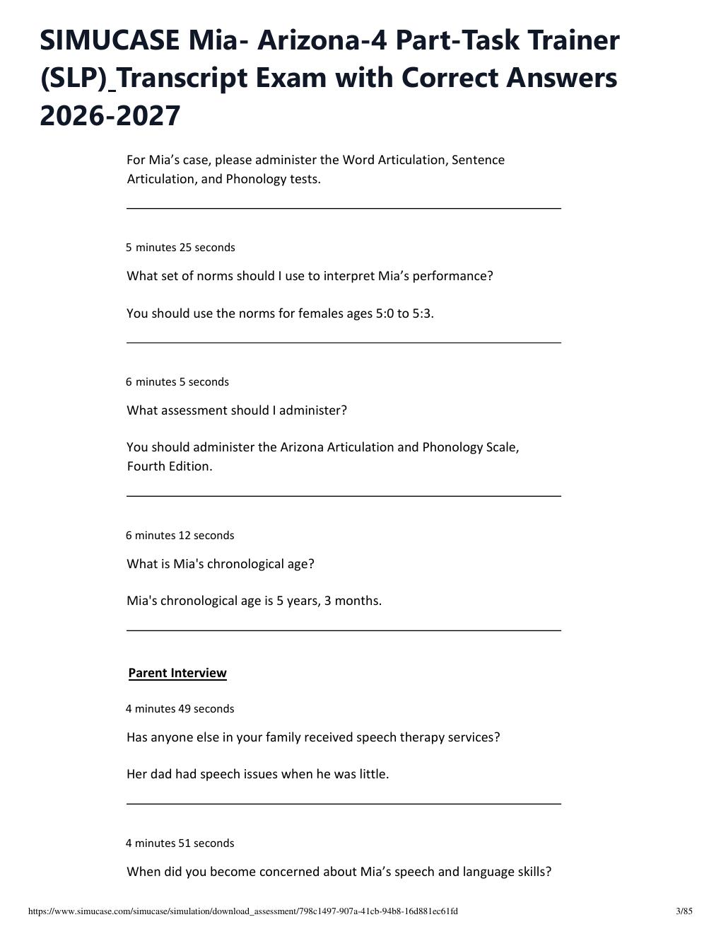 Preview page 3 of SIMUCASE Mia- Arizona-4 Part-Task Trainer (SLP) Transcript Exam with Correct Answers 2026-2027