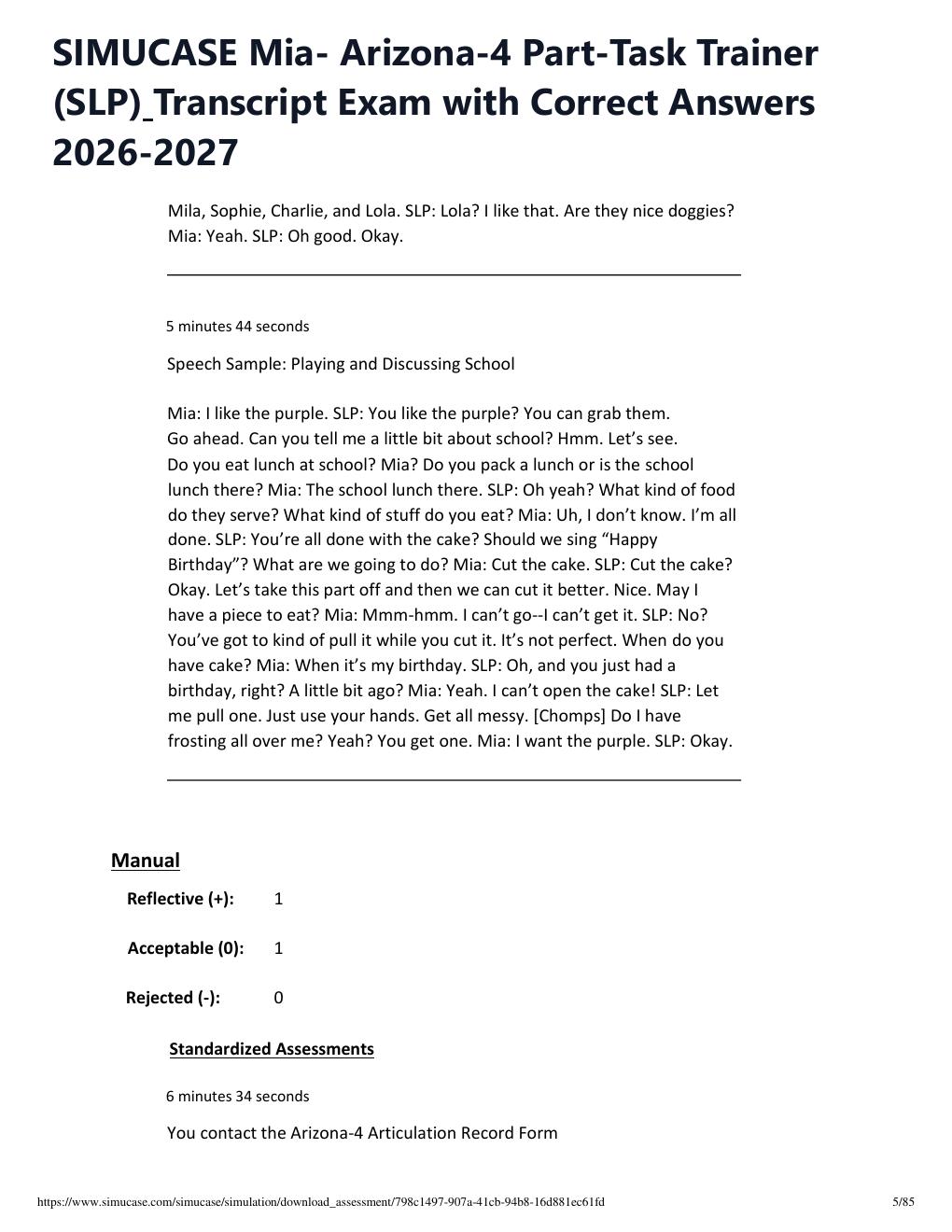 Preview page 5 of SIMUCASE Mia- Arizona-4 Part-Task Trainer (SLP) Transcript Exam with Correct Answers 2026-2027