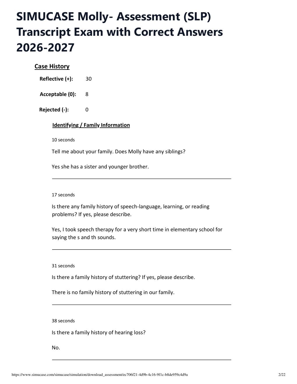 Preview page 2 of SIMUCASE Molly- Assessment (SLP) Transcript Exam with Correct Answers 2026-2027