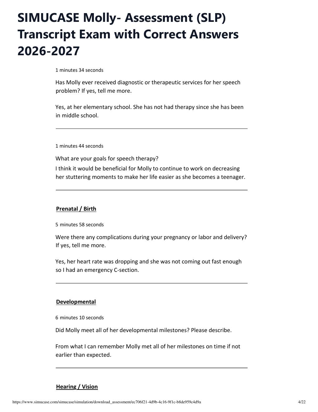 Preview page 4 of SIMUCASE Molly- Assessment (SLP) Transcript Exam with Correct Answers 2026-2027