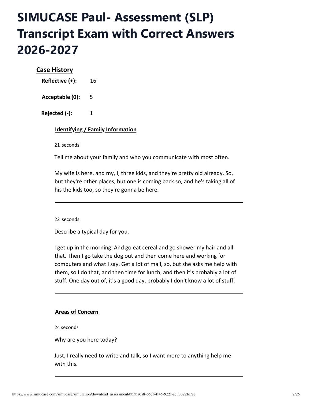 Preview page 2 of SIMUCASE Paul- Assessment (SLP) Transcript Exam with Correct Answers 2026-2027