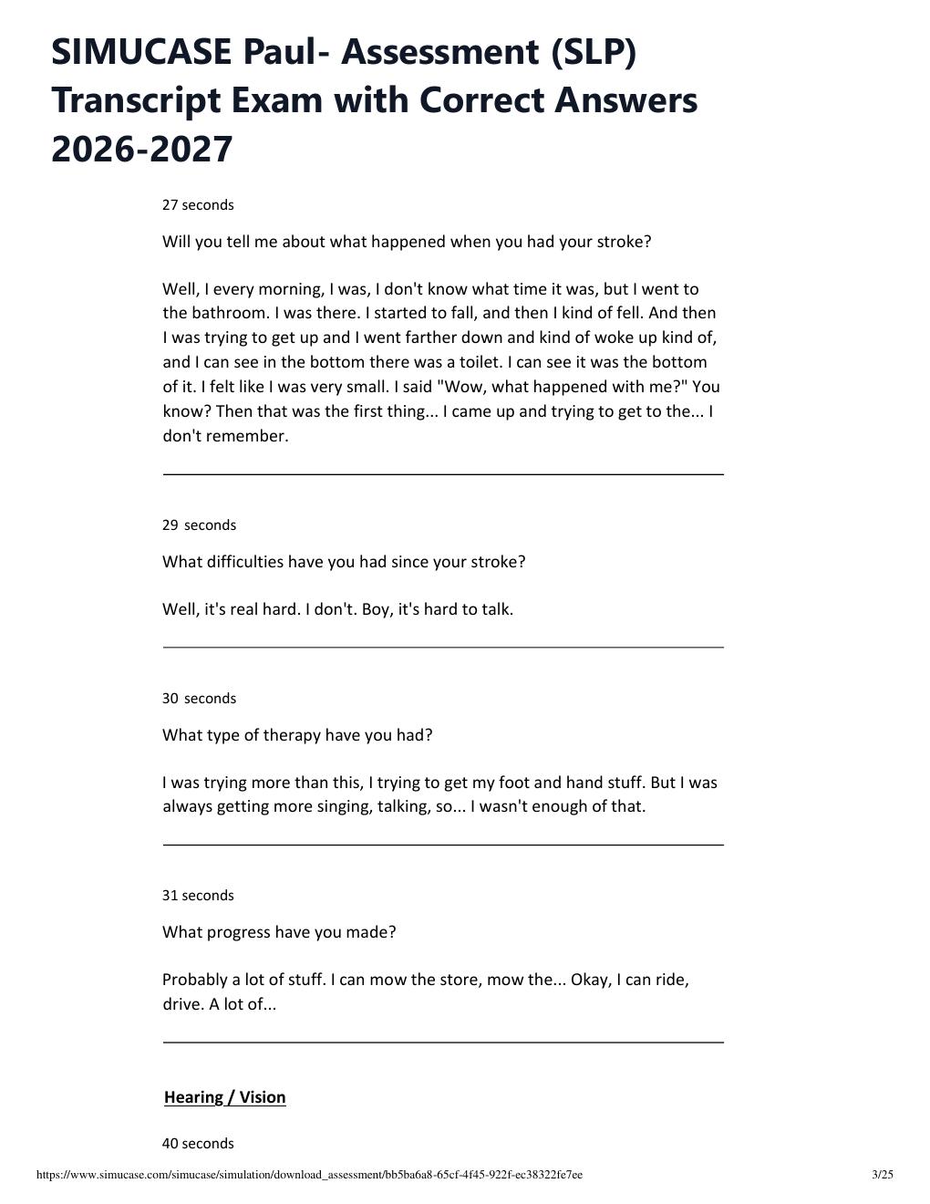 Preview page 3 of SIMUCASE Paul- Assessment (SLP) Transcript Exam with Correct Answers 2026-2027