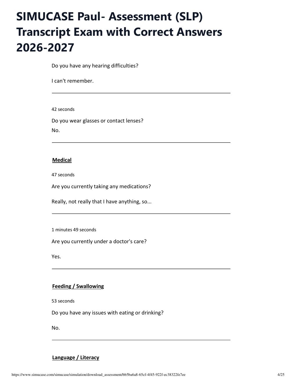 Preview page 4 of SIMUCASE Paul- Assessment (SLP) Transcript Exam with Correct Answers 2026-2027