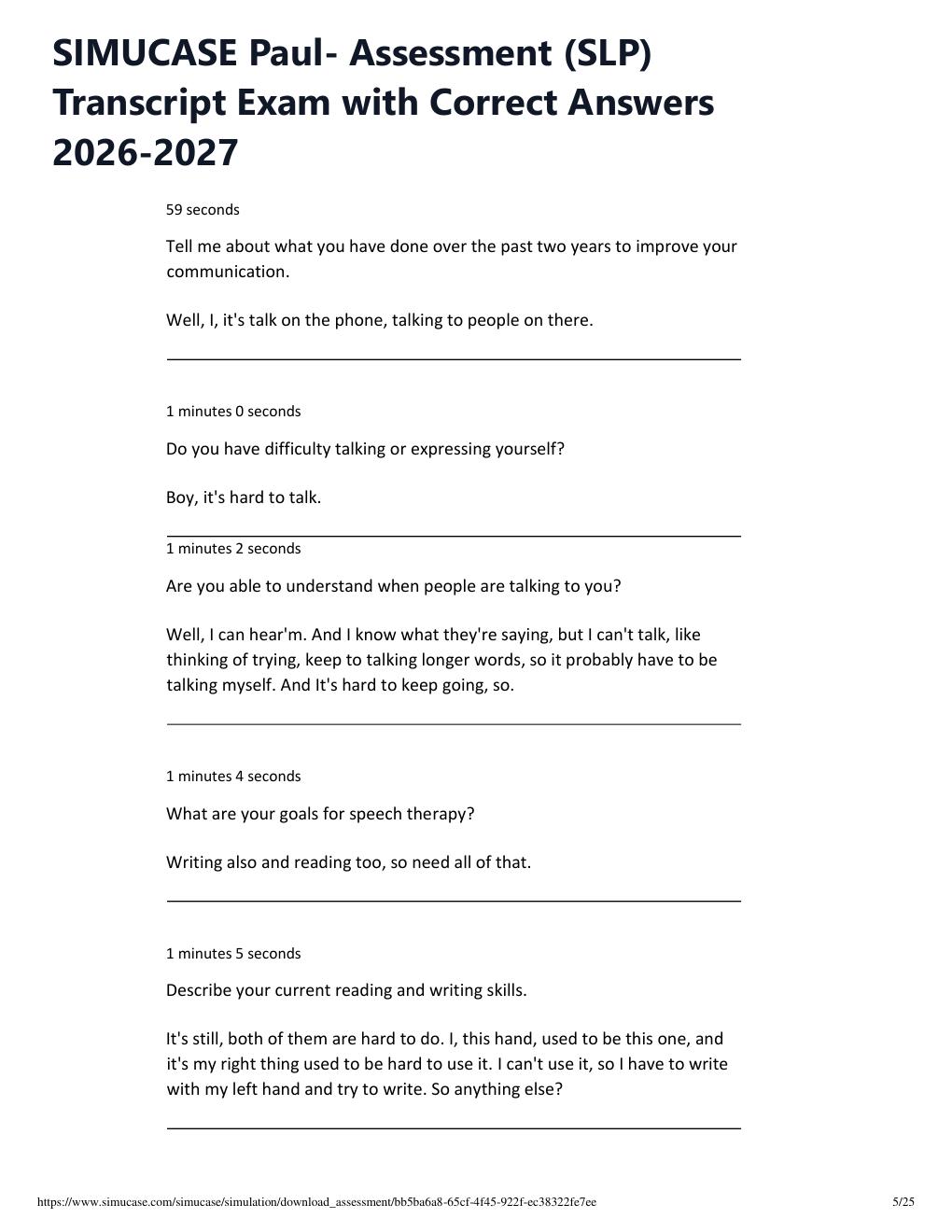 Preview page 5 of SIMUCASE Paul- Assessment (SLP) Transcript Exam with Correct Answers 2026-2027