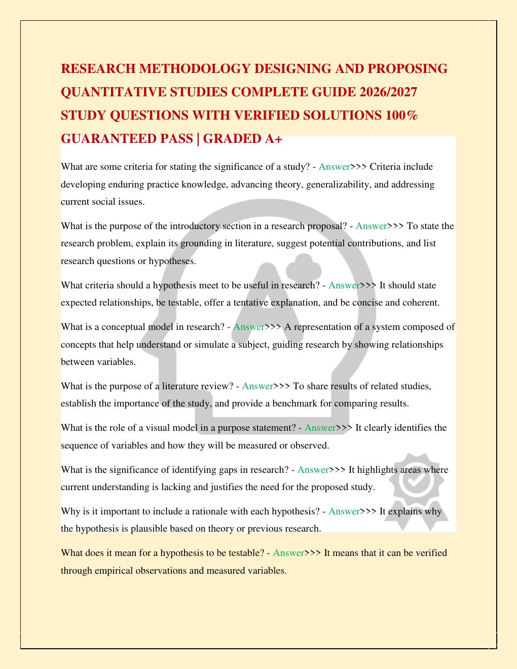 Preview page 2 of RESEARCH METHODOLOGY DESIGNING AND PROPOSING QUANTITATIVE STUDIES COMPLETE GUIDE 2026/2027 STUDY QUESTIONS WITH VERIFIED