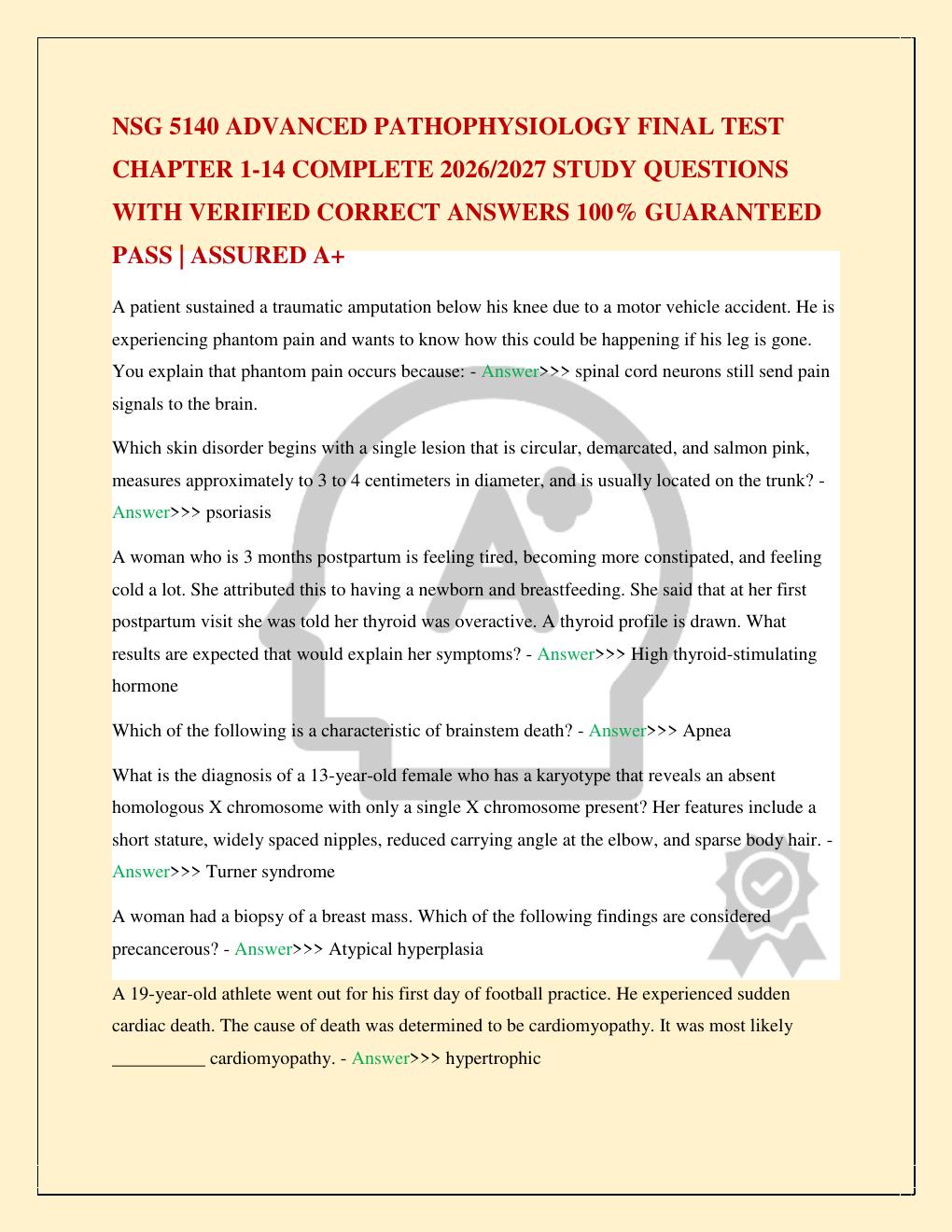 Preview page 2 of NSG 5140 ADVANCED PATHOPHYSIOLOGY FINAL TEST CHAPTER 1-14 COMPLETE 2026/2027 STUDY QUESTIONS WITH VERIFIED CORRECT ANSWE