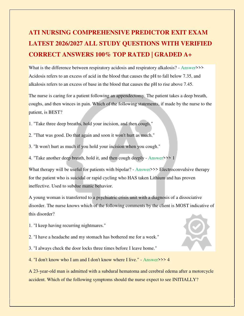 Preview page 2 of ATI NURSING COMPREHENSIVE PREDICTOR EXIT EXAM LATEST 2026/2027 ALL STUDY QUESTIONS WITH VERIFIED CORRECT ANSWERS 100% TO