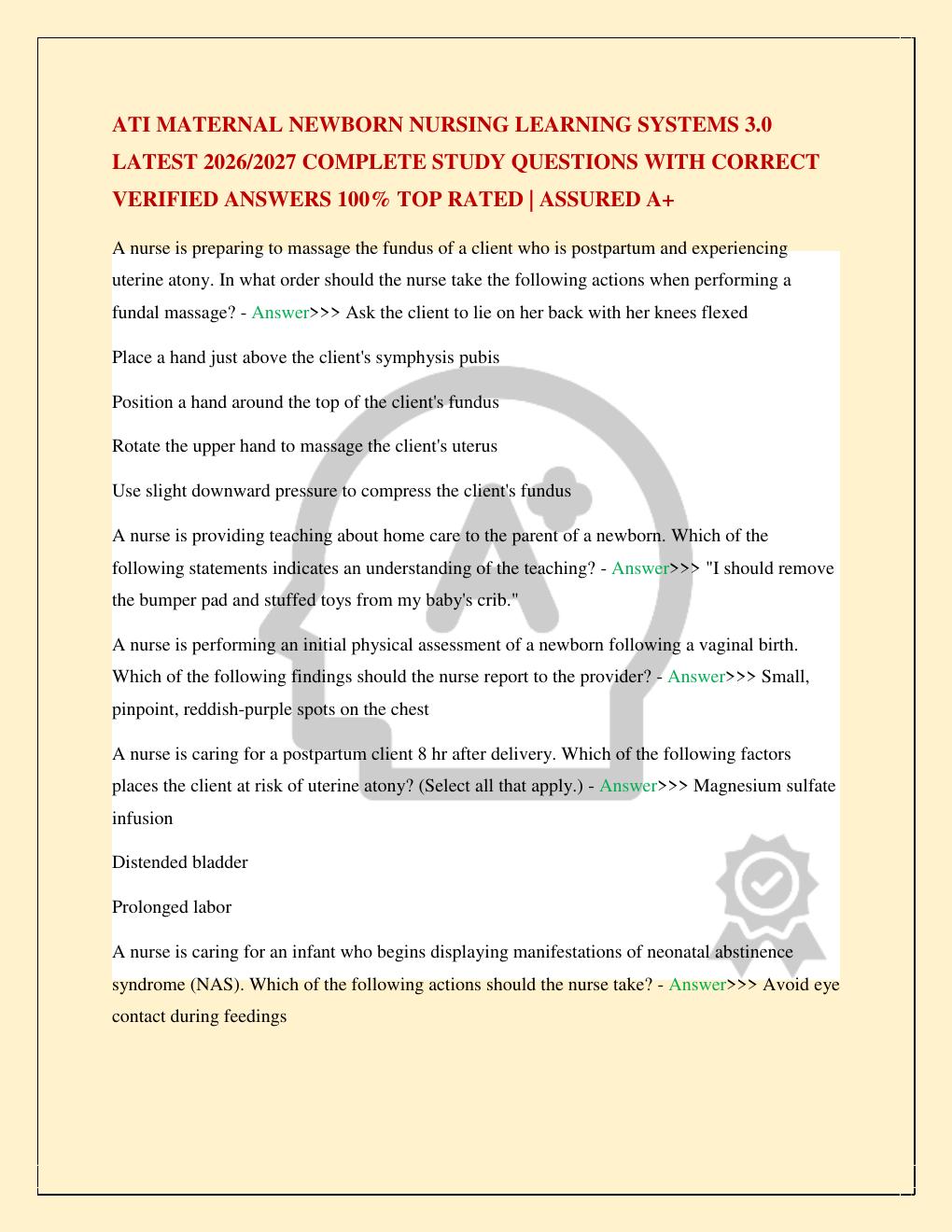 Preview page 2 of ATI MATERNAL NEWBORN NURSING LEARNING SYSTEMS 3.0 LATEST 2026/2027 COMPLETE STUDY QUESTIONS WITH CORRECT VERIFIED ANSWER