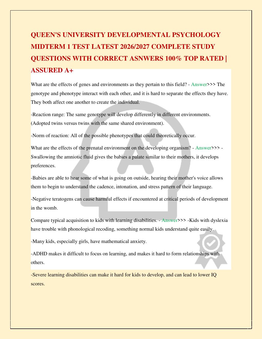 Preview page 2 of QUEEN'S UNIVERSITY DEVELOPMENTAL PSYCHOLOGY MIDTERM 1 TEST LATEST 2026/2027 COMPLETE STUDY QUESTIONS WITH CORRECT ASNWER