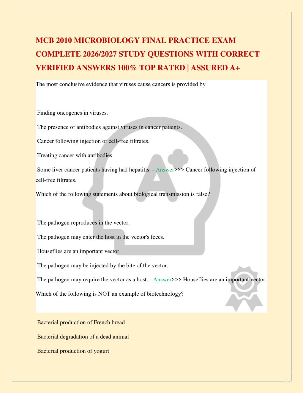 Preview page 2 of MCB 2010 MICROBIOLOGY FINAL PRACTICE EXAM COMPLETE 2026/2027 STUDY QUESTIONS WITH CORRECT VERIFIED ANSWERS 100% TOP RATE