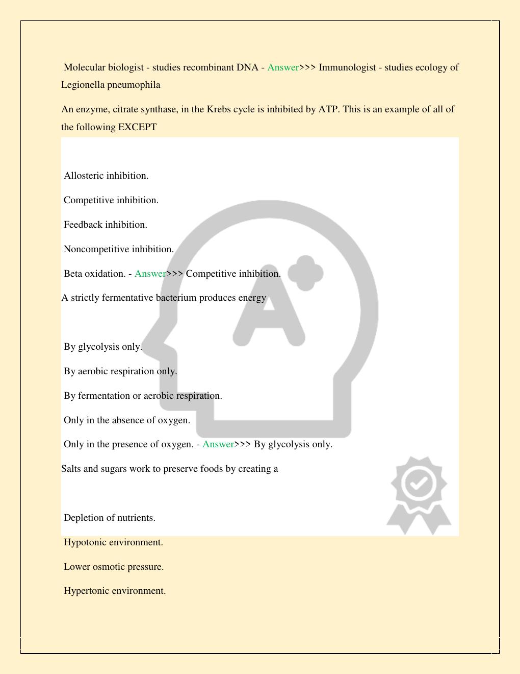 Preview page 10 of MCB 2010 MICROBIOLOGY FINAL PRACTICE EXAM COMPLETE 2026/2027 STUDY QUESTIONS WITH CORRECT VERIFIED ANSWERS 100% TOP RATE
