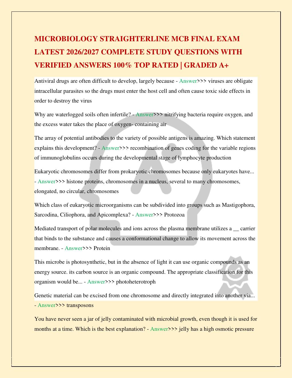 Preview page 2 of MICROBIOLOGY STRAIGHTERLINE MCB FINAL EXAM LATEST 2026/2027 COMPLETE STUDY QUESTIONS WITH VERIFIED ANSWERS 100% TOP RATE