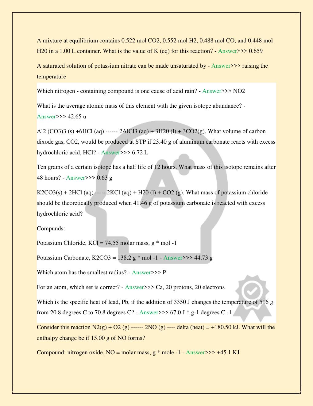 Preview page 3 of CHEMISTRY 103 GENERAL CHEMISTRY FINAL PRACTICE EXAM 2026/2027 STUDY QUESTIONS WITH VERIFIED SOLUTIONS 100% TOP RATED | A