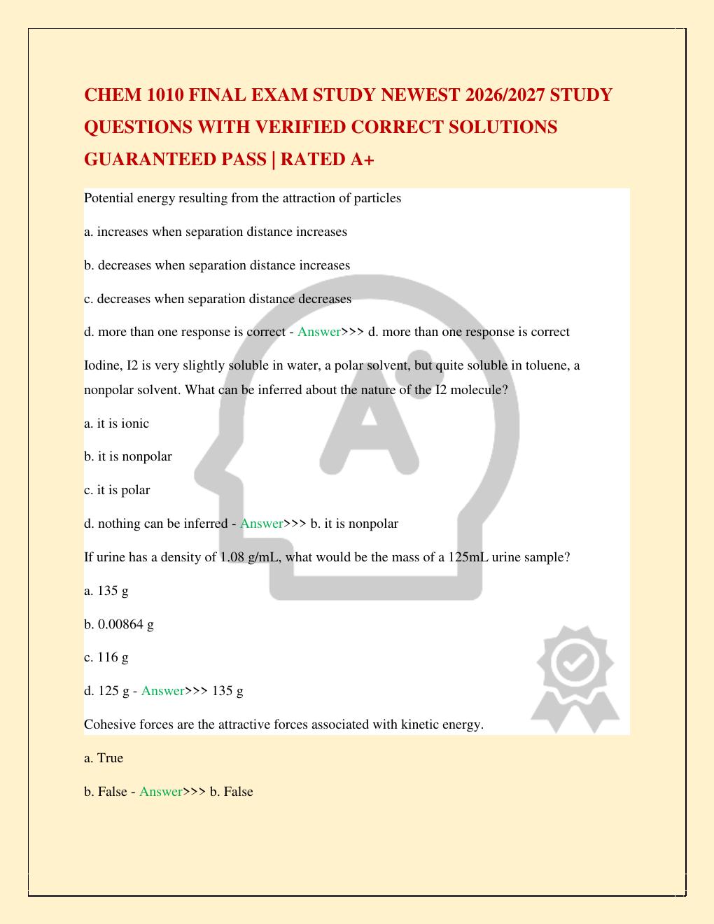Preview page 2 of CHEM 1010 FINAL EXAM STUDY NEWEST 2026/2027 STUDY QUESTIONS WITH VERIFIED CORRECT SOLUTIONS GUARANTEED PASS | RATED A+