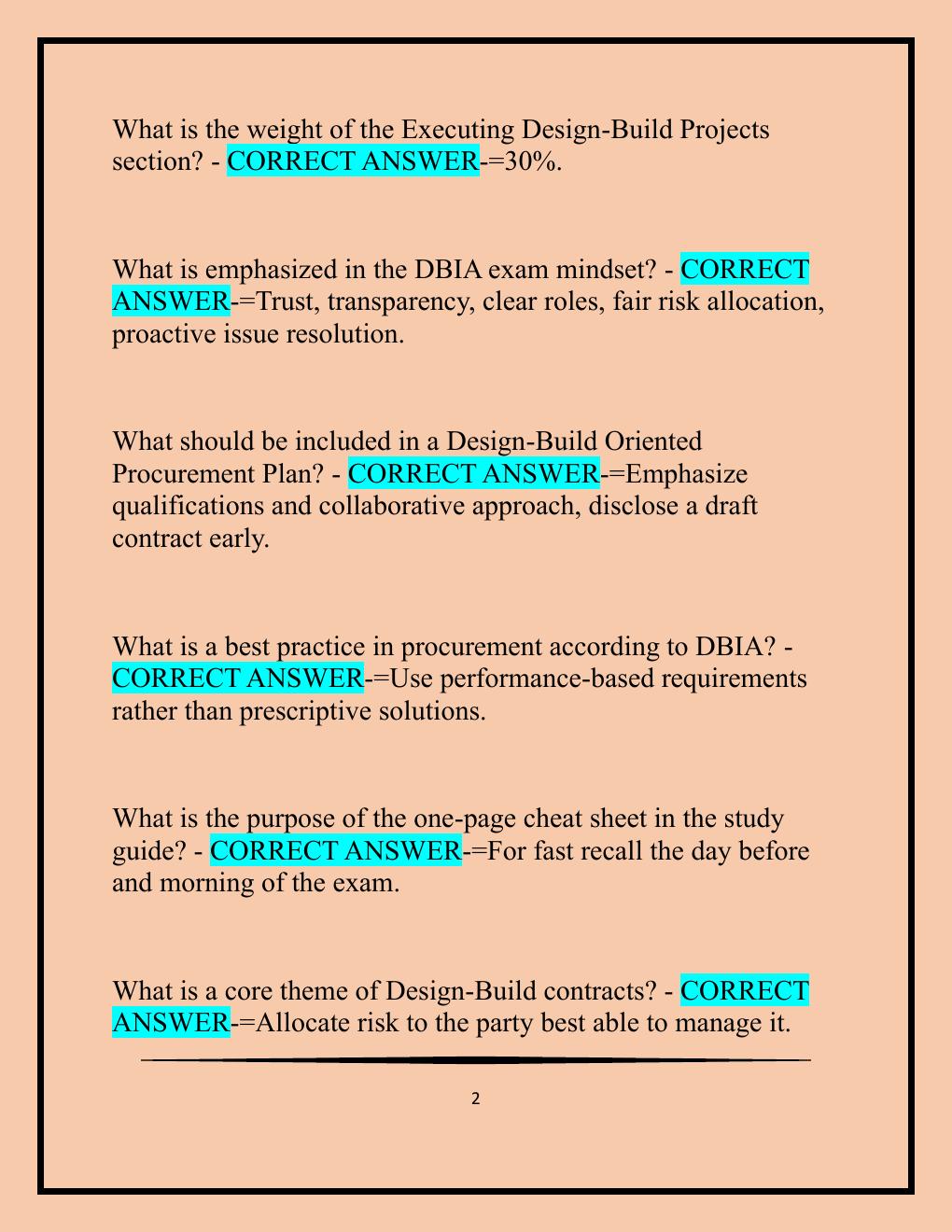 Preview page 2 of 1    DBIA Certification Exam: Key Principles,  Procurement, Contracting & Execution