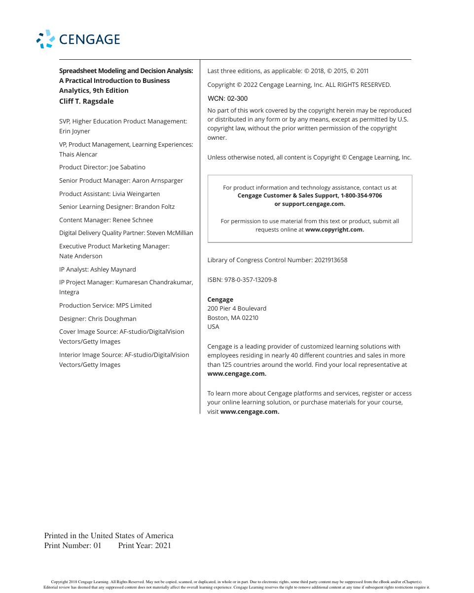 Preview page 8 of Spreadsheet Modeling and Decision Analysis A Practical Introduction to Business Analytics 9th Edition By Cliff Ragsdale