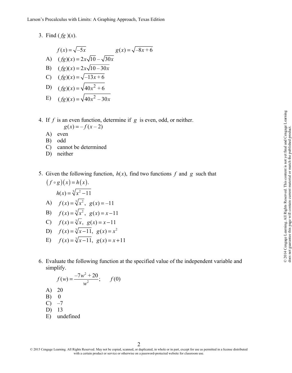 Preview page 5 of Precalculus with Limits A Graphing Approach (Texas Edition) 6th Edition By Ron Larson | Test Bank |