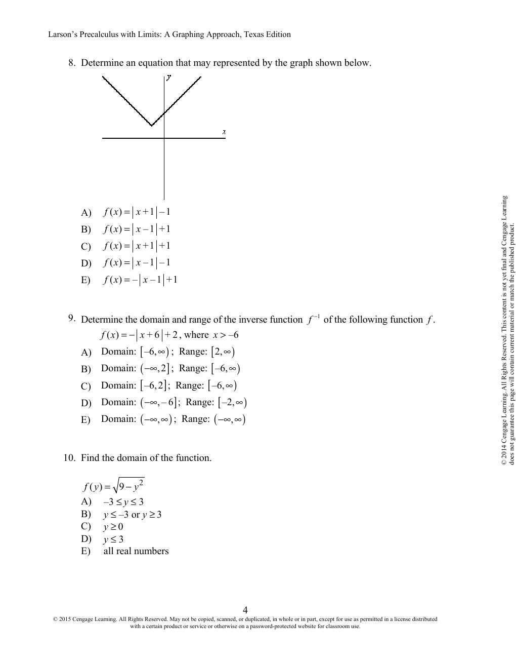Preview page 7 of Precalculus with Limits A Graphing Approach (Texas Edition) 6th Edition By Ron Larson | Test Bank |