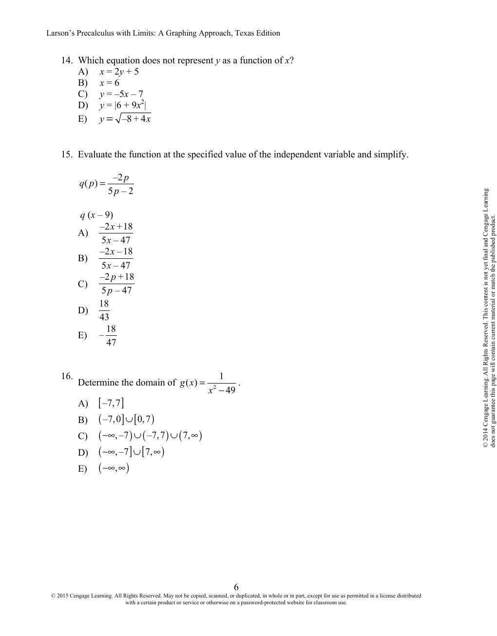 Preview page 9 of Precalculus with Limits A Graphing Approach (Texas Edition) 6th Edition By Ron Larson | Test Bank |