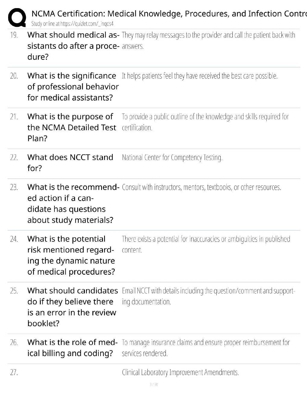 Preview page 3 of NCMA Certification Review / Medical Knowledge & Procedures / Score 100% / 2026 Update