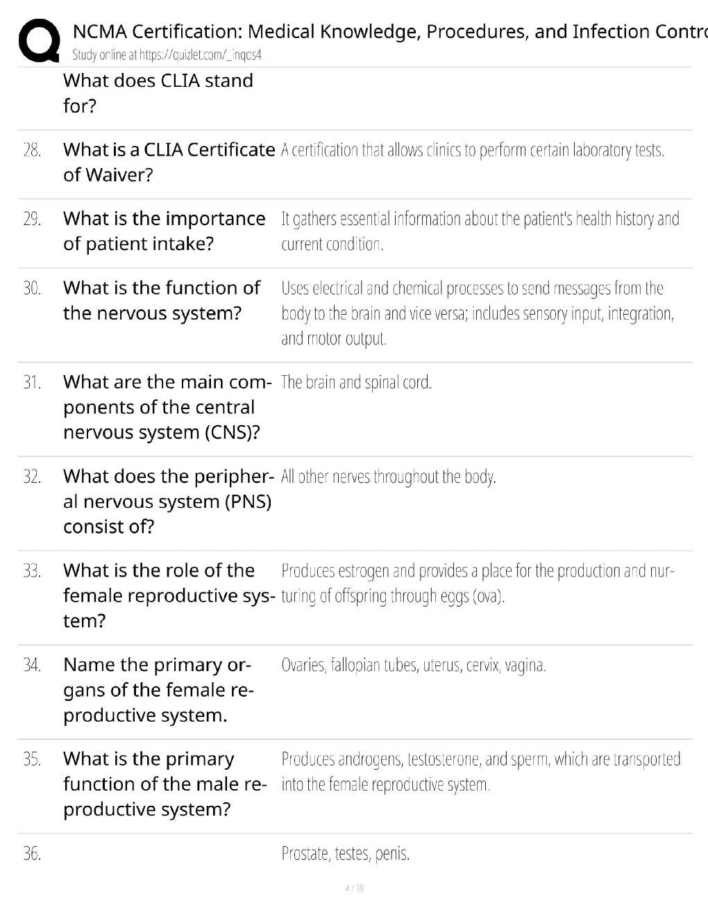 Preview page 4 of NCMA Certification Review / Medical Knowledge & Procedures / Score 100% / 2026 Update