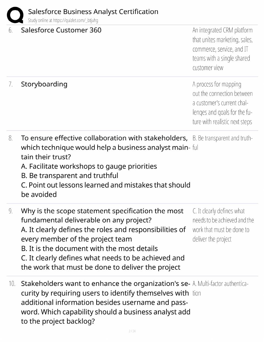 Preview page 2 of Salesforce Business Analyst Certification / Score 100% / 2026 Update