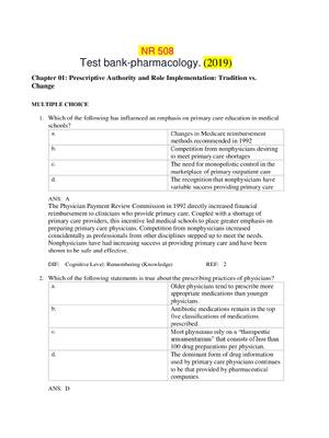 Preview of NR 508 Advanced Pharmacology Test bank Chapter 1 to Chapter 73. Chamberlain College of Nur