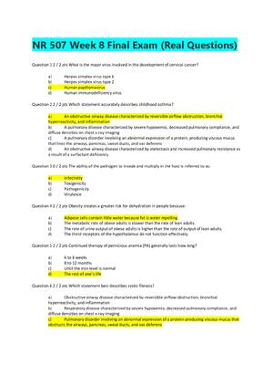 Preview of NR 507 Advanced Pathophysiology Week 8 Final Exam -Chamberlain College of Nursing. 121 Q&amp;A All answers Correct | Verified.