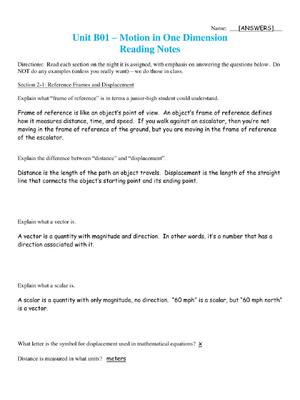 Preview of Unit B01 Motion in One Dimension Reading Notes EXAM SOLUTIONS