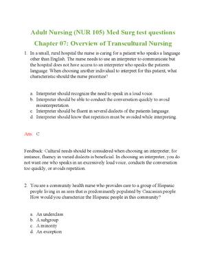 Preview of Adult Nursing (NUR 105) Med Surg test Overview of Transcultural Nursing, Questions and Ans