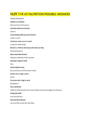 Preview of ATI NUTRITION POSSIBLE ANSWERS for  NUR 114